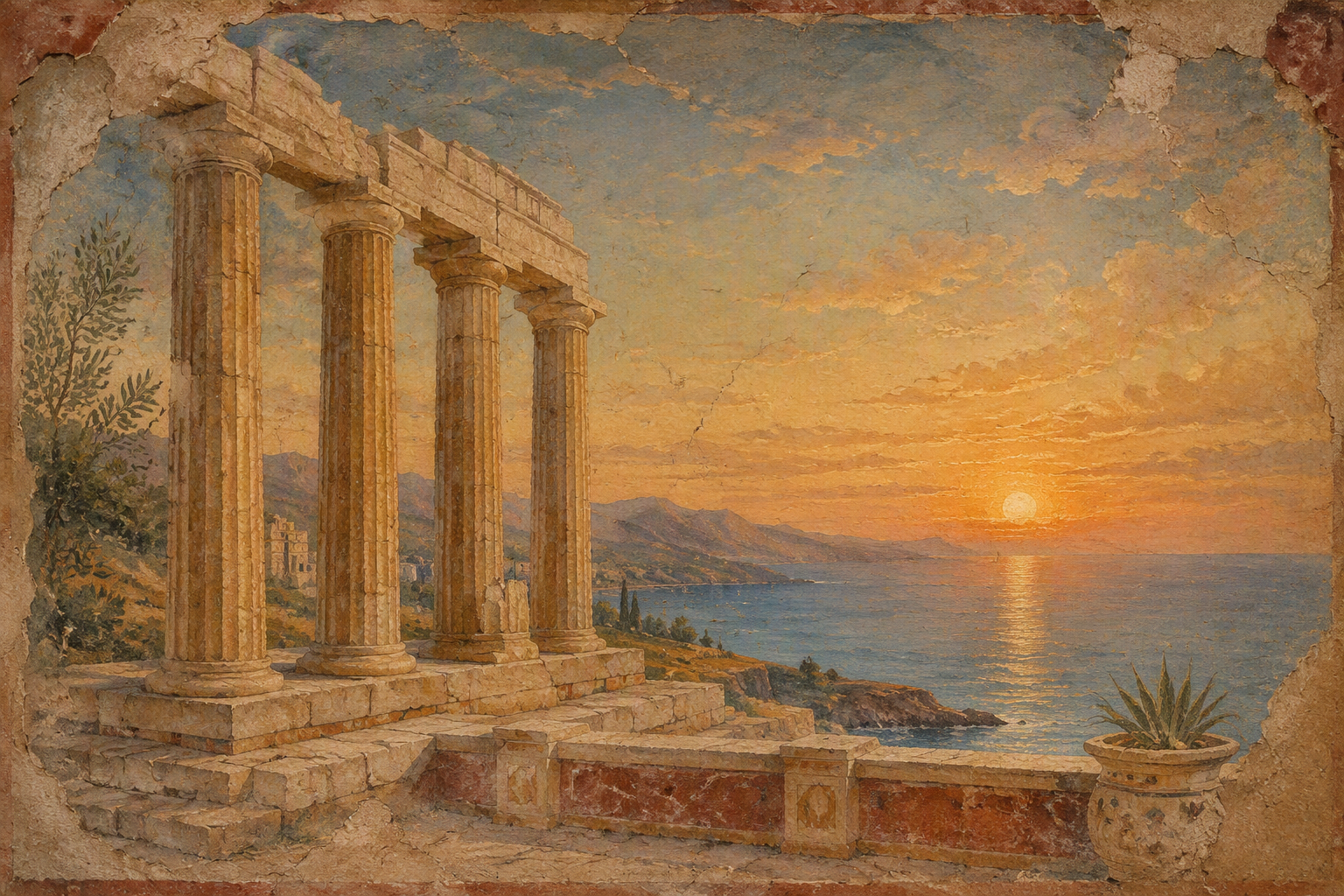 Apollon-temppelin pylväät meren rannalla auringonlaskussa