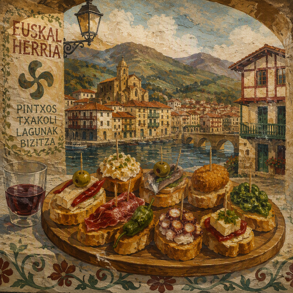 Pintxos-herkkuja tarjoiltuna puisella tarjottimella Pintxos-herkkuja tarjoiltuna puisella tarjottimella