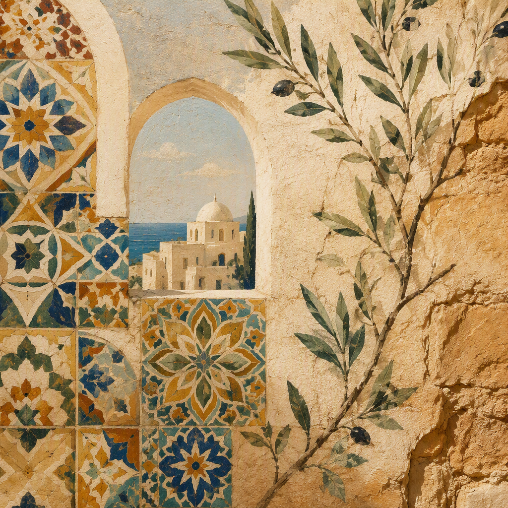 Yksityiskohtaisia perinteisiä tunisialaisia mosaiikkilaattoja seinässä Yksityiskohtaisia perinteisiä tunisialaisia mosaiikkilaattoja seinässä