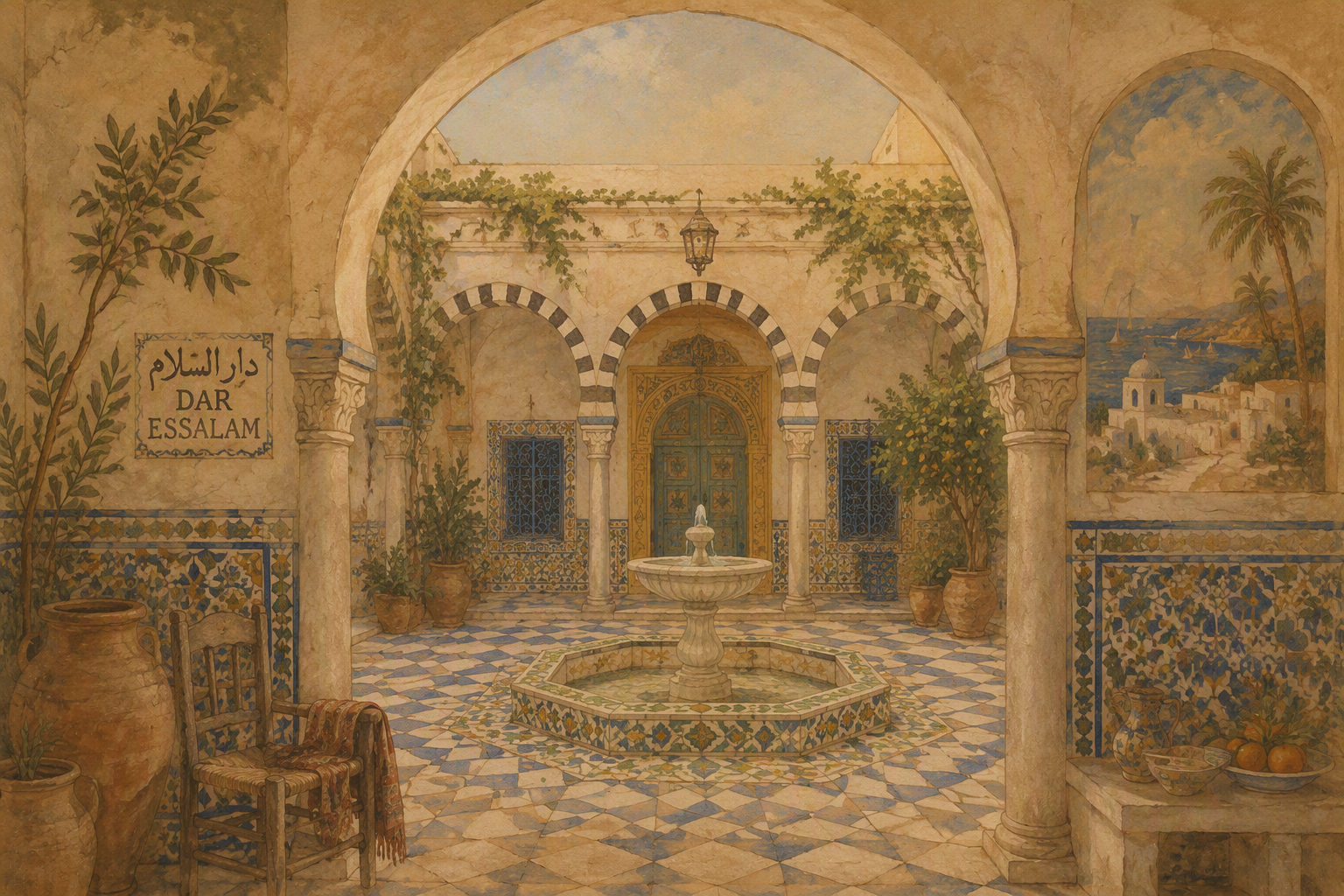 Perinteinen tunisialainen sisäpiha mosaiikkilaatoilla ja suihkulähteellä Perinteinen tunisialainen sisäpiha mosaiikkilaatoilla ja suihkulähteellä