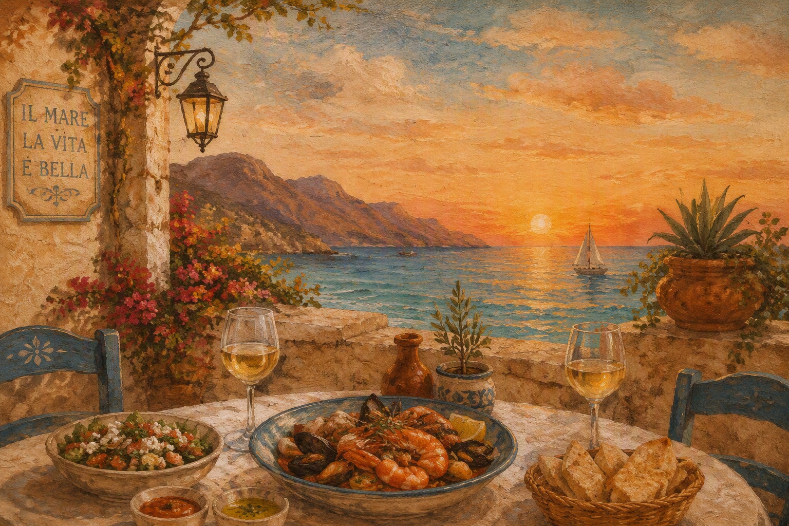 Ravintolan terassi Punaisenmeren rannalla auringonlaskun aikaan Ravintolan terassi Punaisenmeren rannalla auringonlaskun aikaan