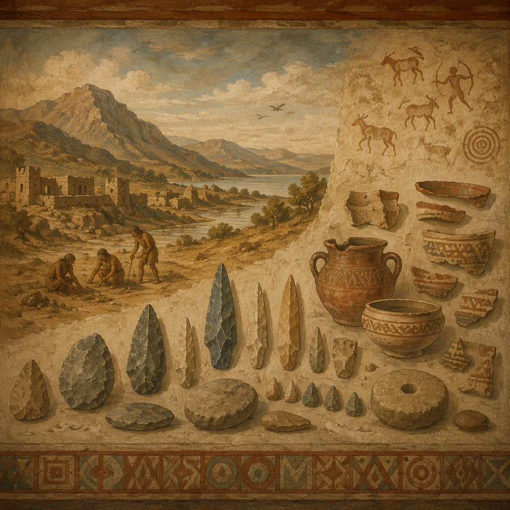 Muinaisia työkaluja ja saviastioita museossa Muinaisia työkaluja ja saviastioita museossa