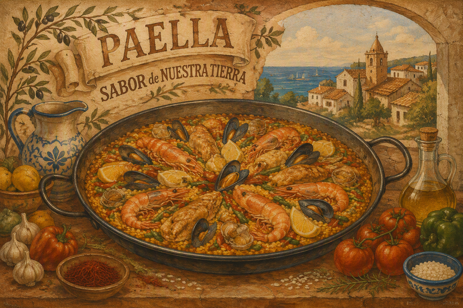 Perinteinen äyriäispaella laakealla pannulla