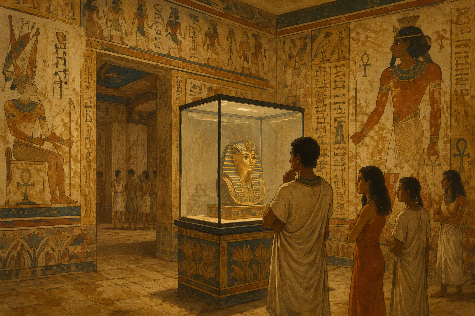 Kultainen muinaisegyptiläinen esine museon vitriinissä Kultainen muinaisegyptiläinen esine museon vitriinissä