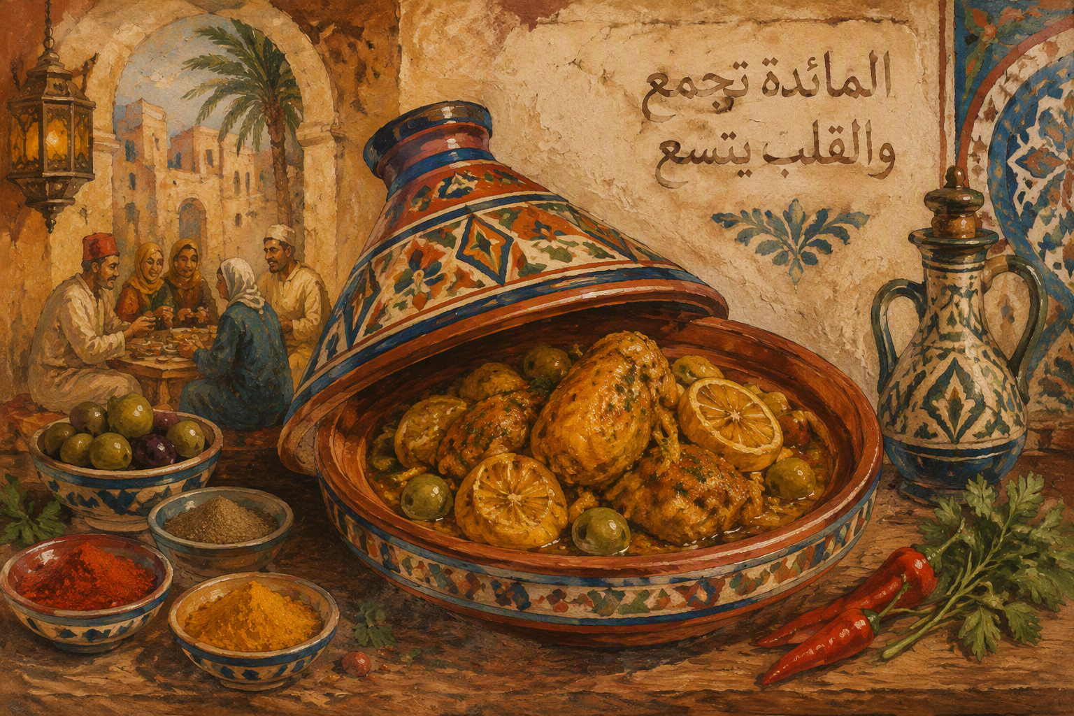 Perinteinen tunisialainen tagine-annos tarjoiltuna Perinteinen tunisialainen tagine-annos tarjoiltuna