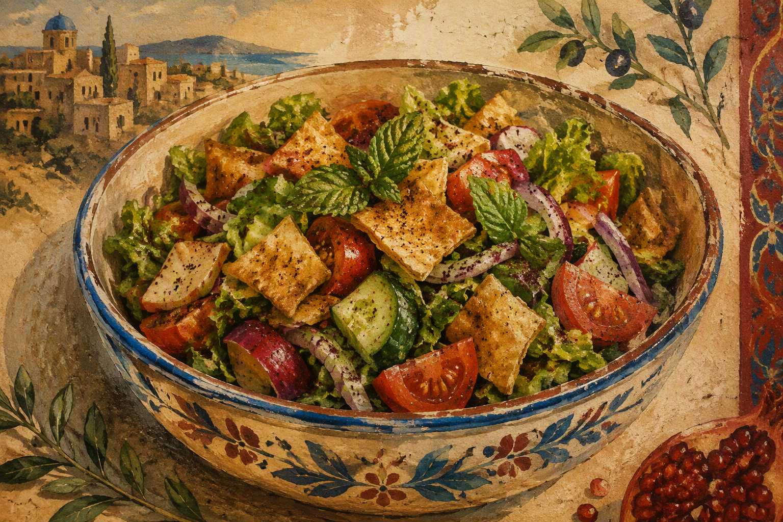 Perinteinen ja raikas fattoosh-salaatti kulhossa Perinteinen ja raikas fattoosh-salaatti kulhossa