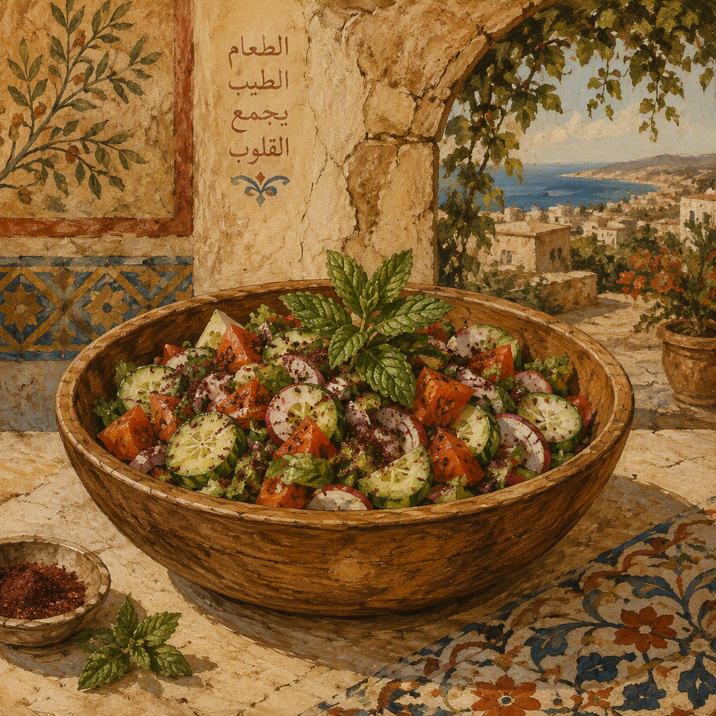Fattoosh-salaatti tarjoiltuna aurinkoisella terassilla Fattoosh-salaatti tarjoiltuna aurinkoisella terassilla