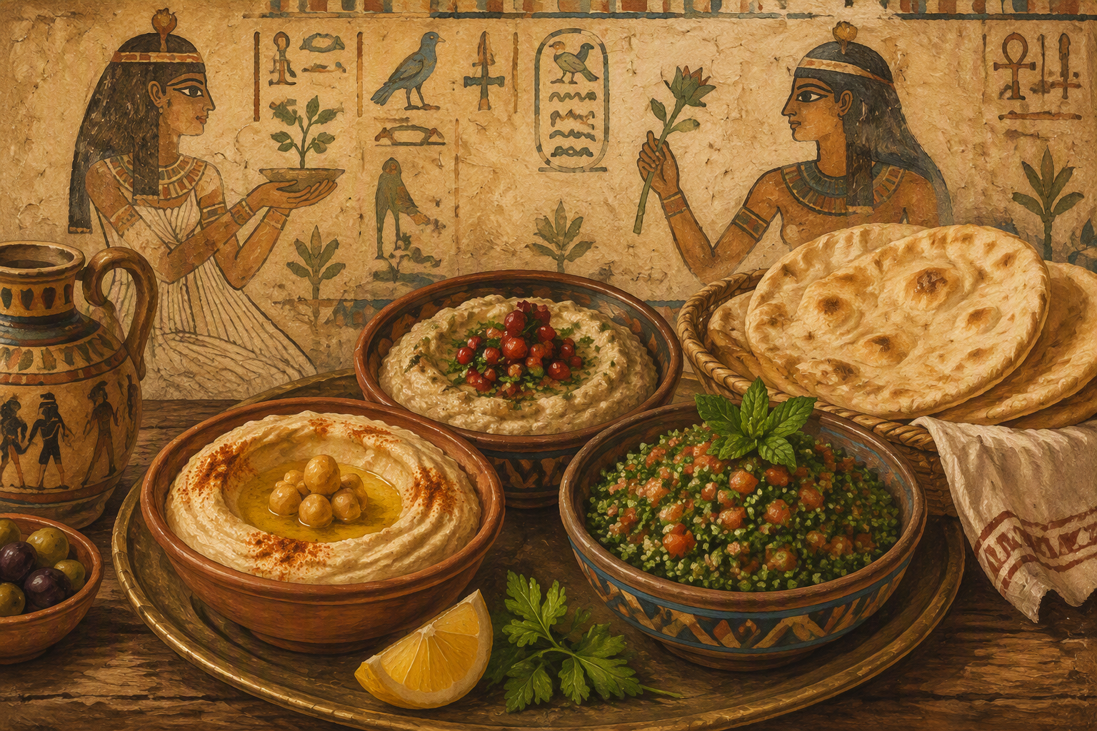 Perinteinen egyptiläinen meze-lajitelma tarjoiltuna pöydässä Perinteinen egyptiläinen meze-lajitelma tarjoiltuna pöydässä
