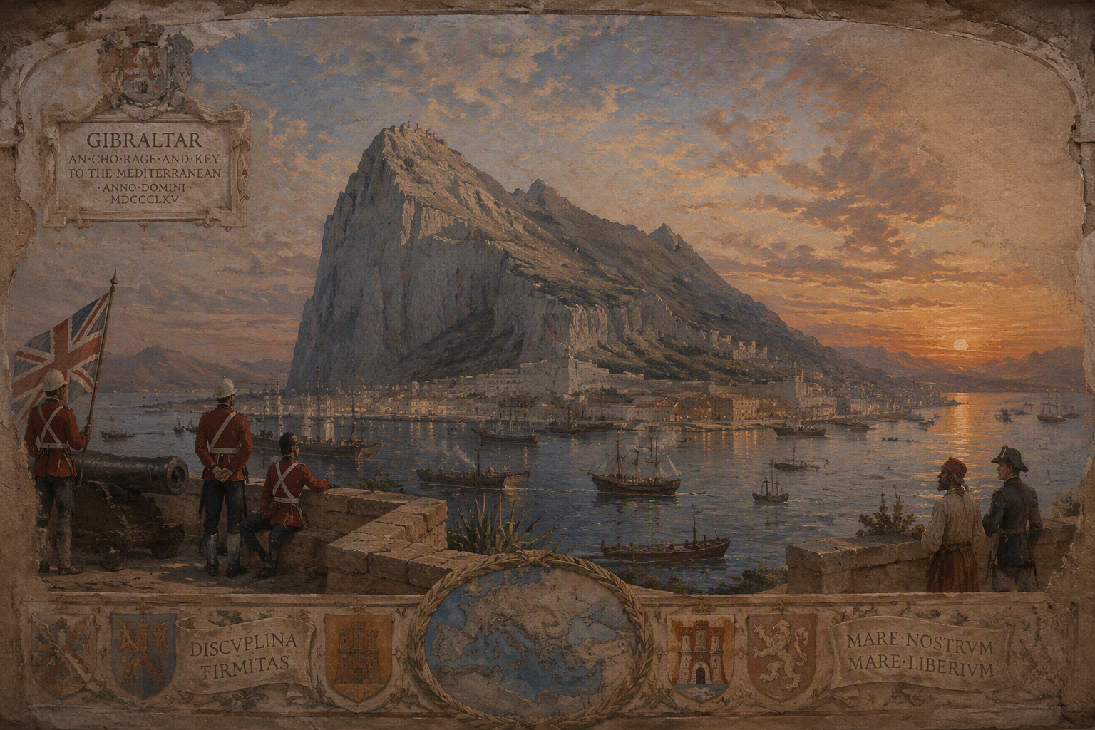 Gibraltarin kallio ja satama auringonlaskun aikaan Gibraltarin kallio ja satama auringonlaskun aikaan