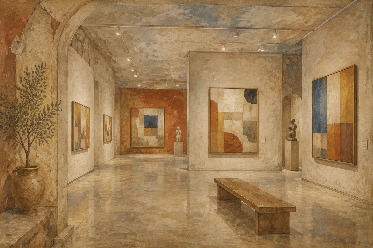 Moderni ja minimalistinen taidegallerian sisätila