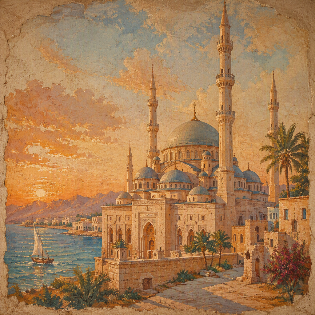 Suuri moskeija ja minareetit auringonlaskun aikaan