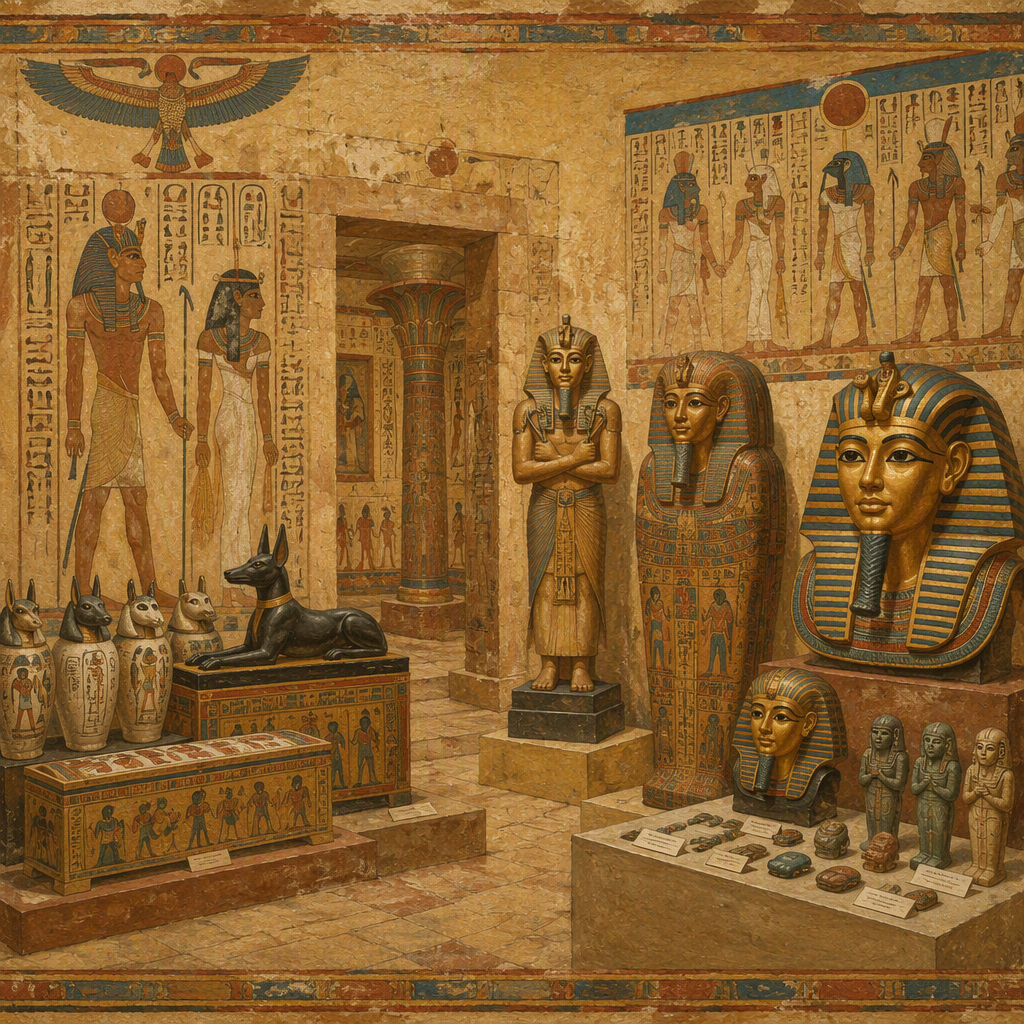 Egyptiläisiä muinaisesineitä ja kultaisia maskeja museossa Egyptiläisiä muinaisesineitä ja kultaisia maskeja museossa