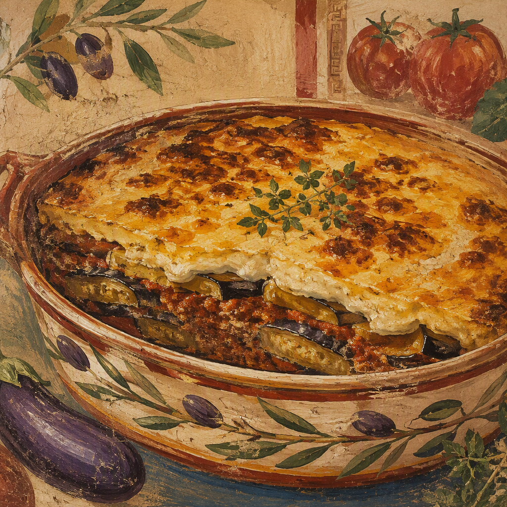 Uunissa paistettu moussaka keraamisessa vuoassa
