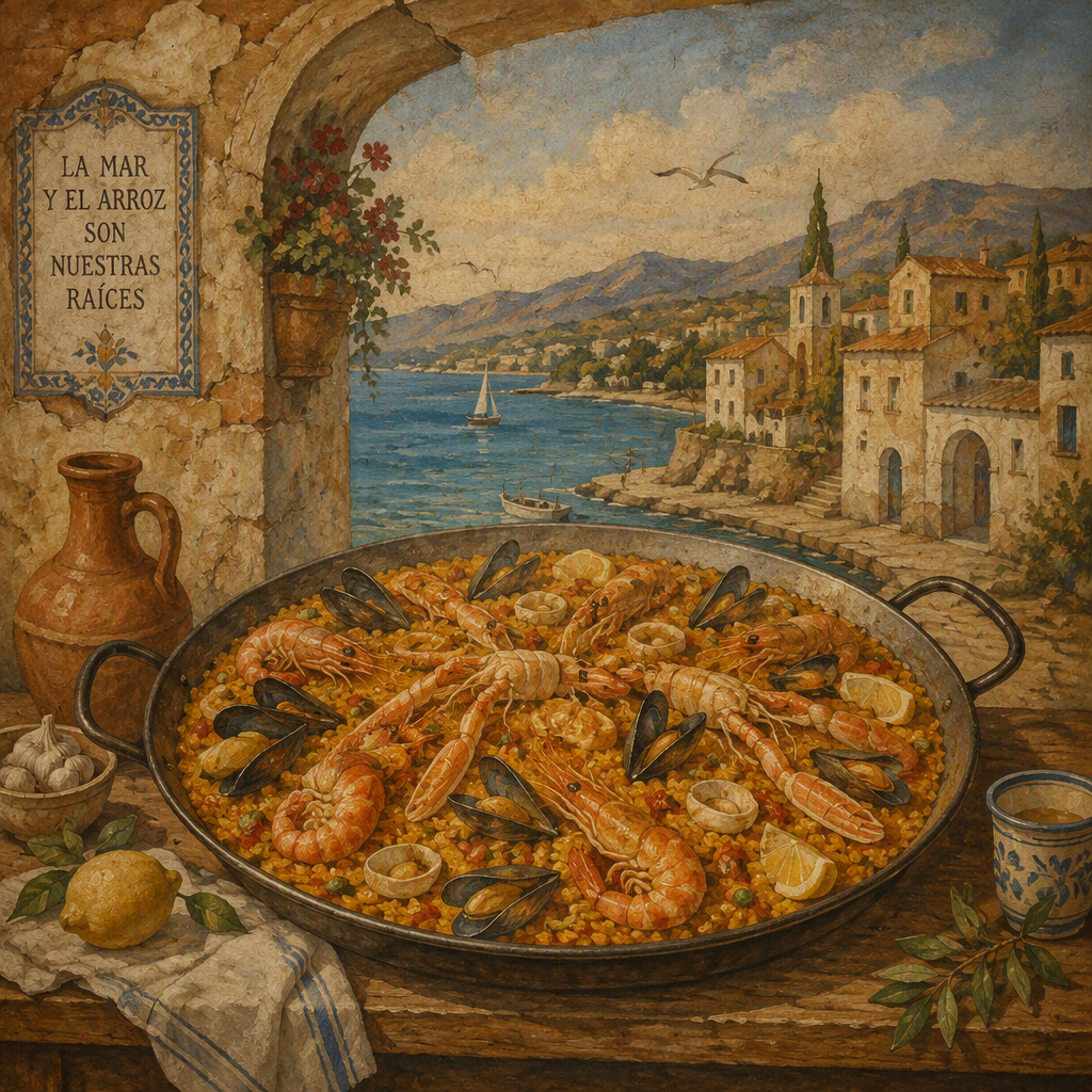 Perinteinen mereneläväpaella tarjoiltuna laakealla pannulla