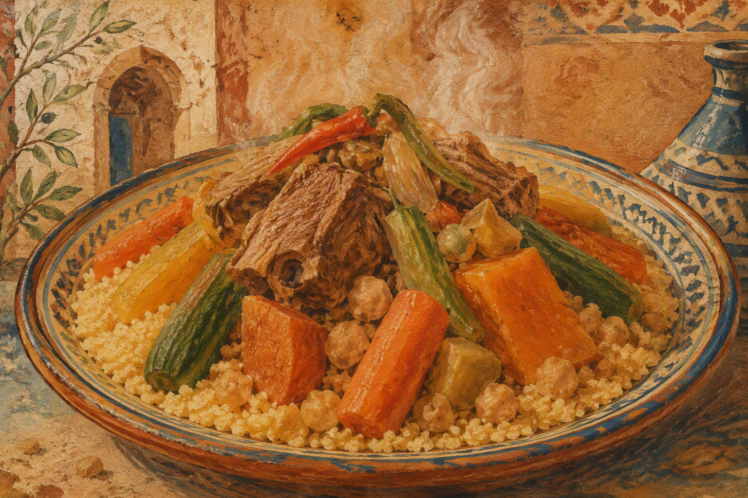 Perinteinen tunisialainen couscous-annos tarjoiltuna Perinteinen tunisialainen couscous-annos tarjoiltuna