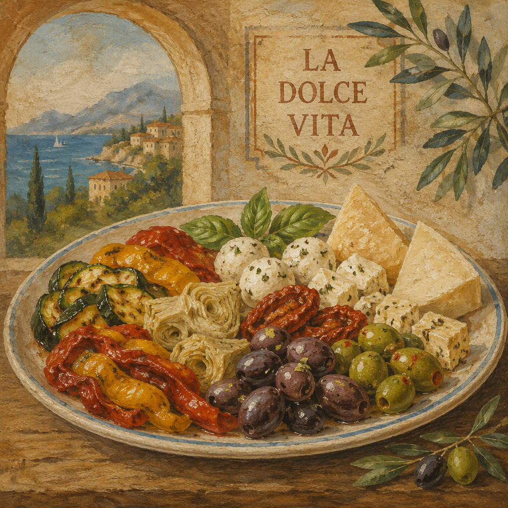 Värikäs italialainen antipasto-lajitelma tarjoiltuna Värikäs italialainen antipasto-lajitelma tarjoiltuna