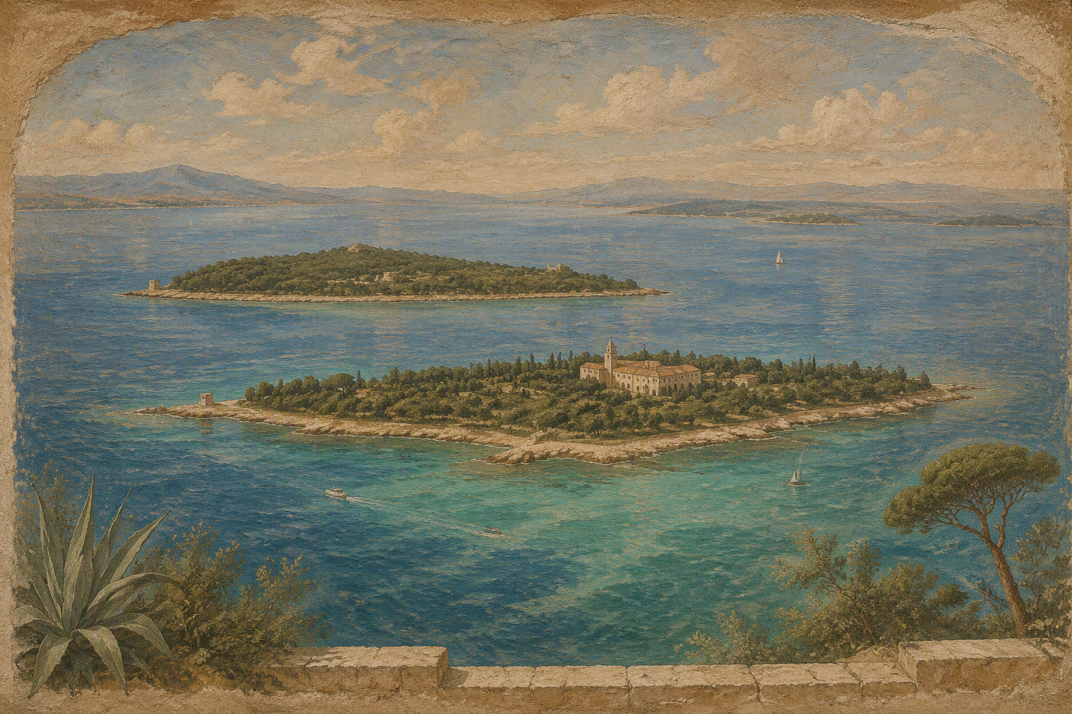 Lérins-saaret Välimeren turkoosissa vedessä ilmasta kuvattuna Lérins-saaret Välimeren turkoosissa vedessä ilmasta kuvattuna