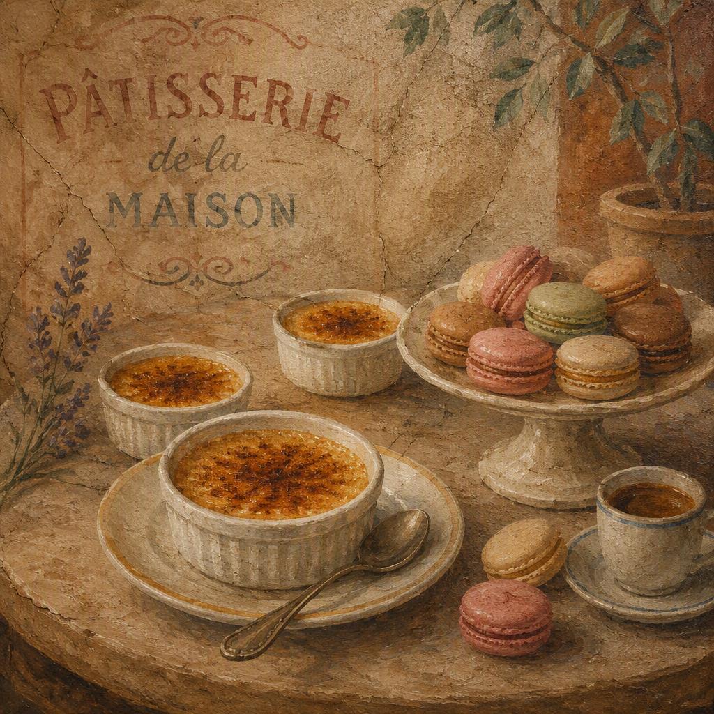 Ranskalaisia jälkiruokia kuten creme brulee ja macaron-leivoksia