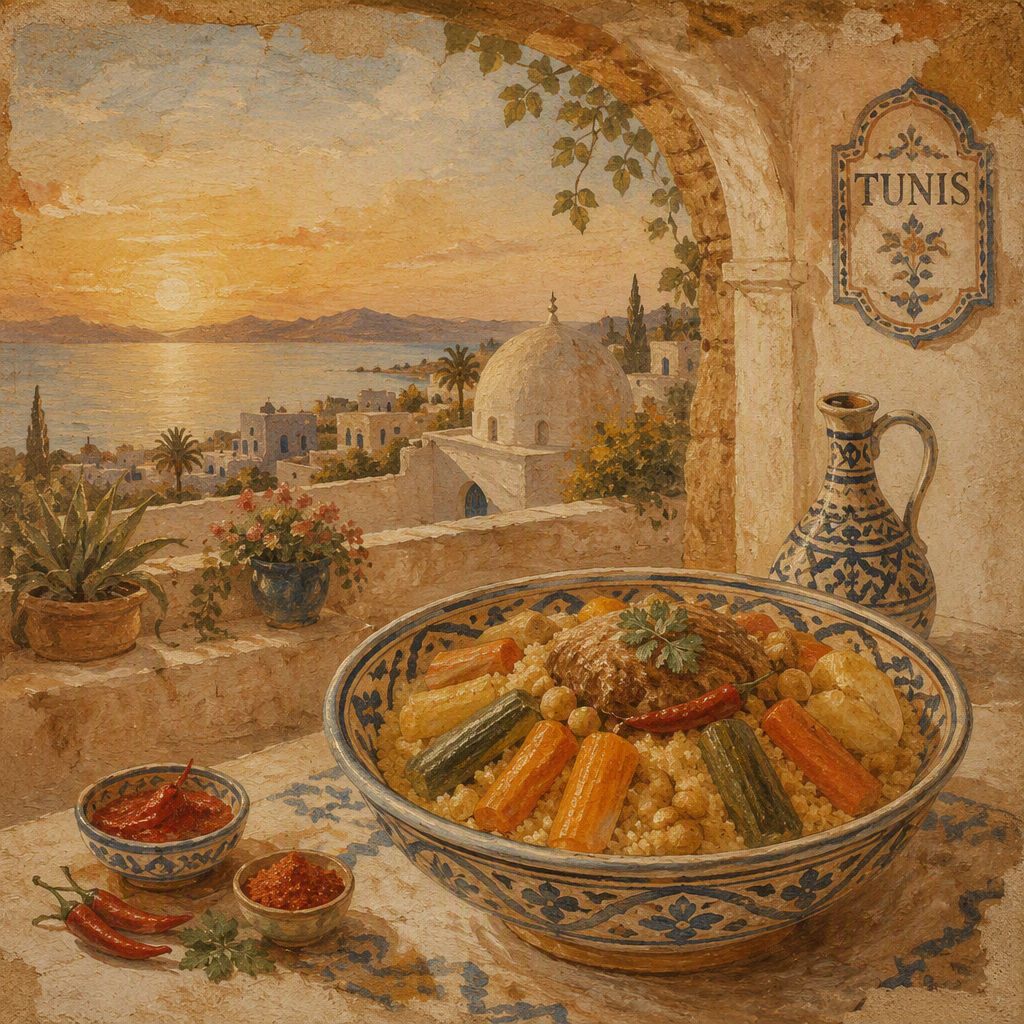 Perinteinen tunisialainen couscous-annos tarjoiltuna