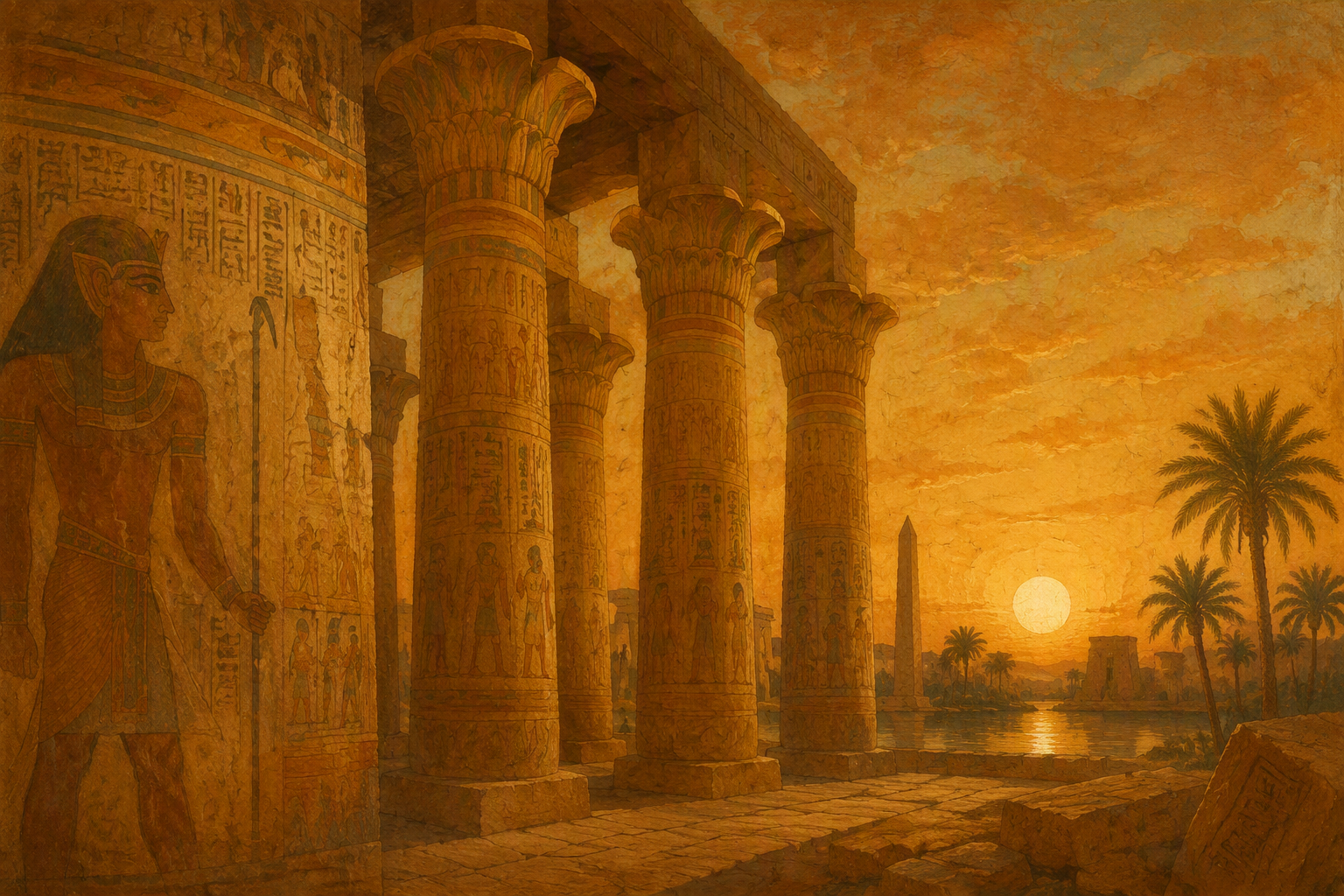 Muinaisen Egyptin temppelin massiiviset pylväät auringonlaskussa Muinaisen Egyptin temppelin massiiviset pylväät auringonlaskussa