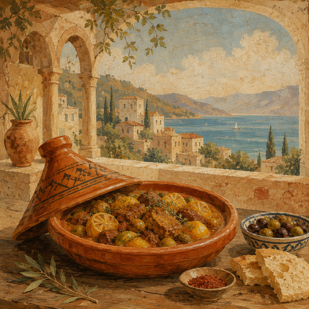 Perinteinen tunisialainen tagine-pata tarjoiltuna pöydässä Perinteinen tunisialainen tagine-pata tarjoiltuna pöydässä