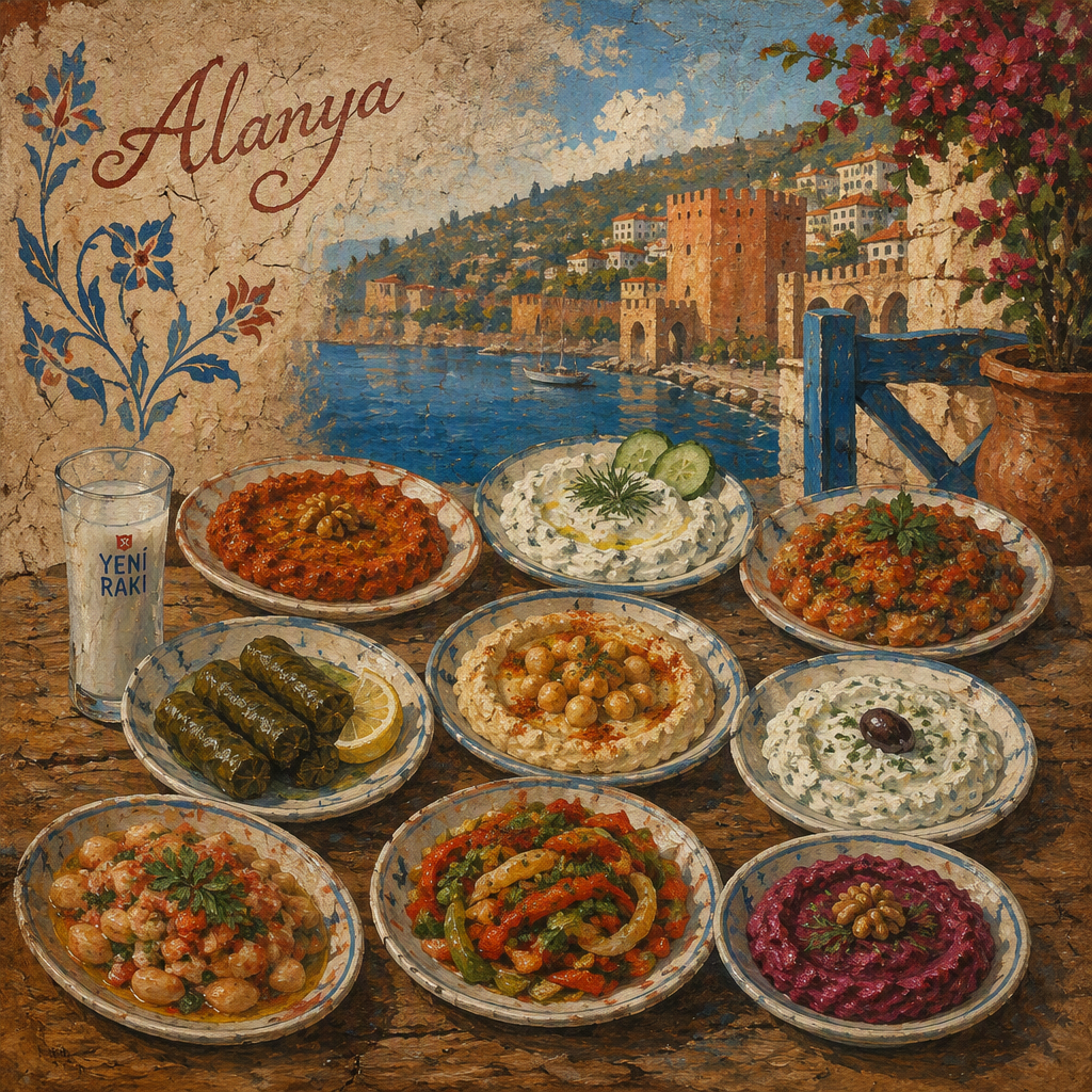 Valikoima perinteisiä turkkilaisia meze-alkupaloja Valikoima perinteisiä turkkilaisia meze-alkupaloja