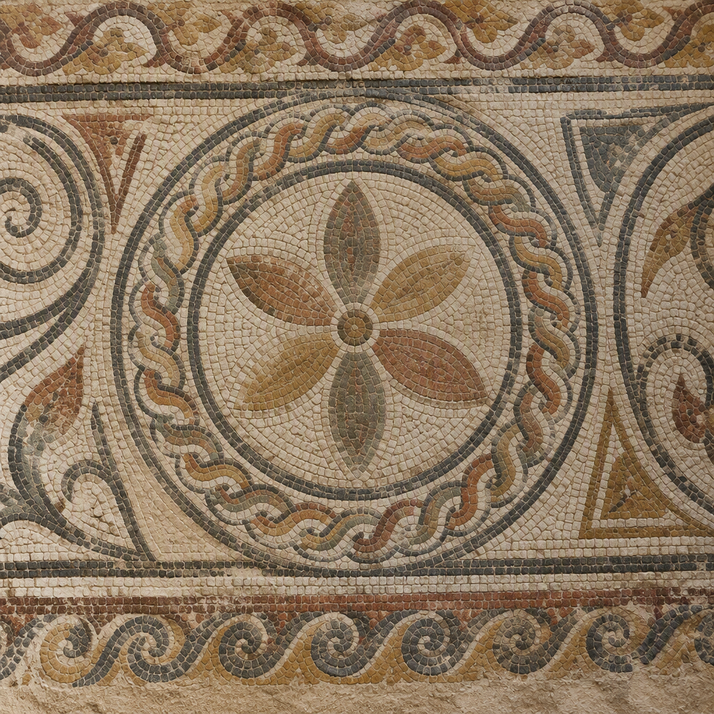Yksityiskohtainen roomalainen mosaiikkilattia museon näyttelyssä Yksityiskohtainen roomalainen mosaiikkilattia museon näyttelyssä