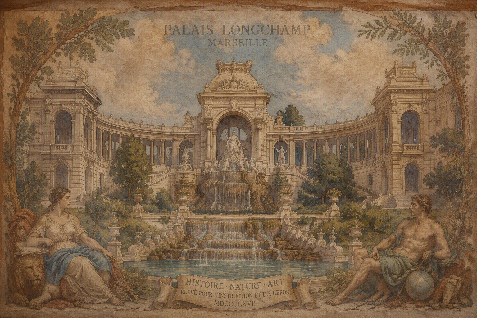 Palais Longchampin näyttävä rakennus ja julkisivu Palais Longchampin näyttävä rakennus ja julkisivu