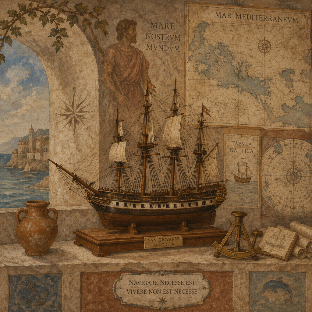 Vanha laivamalli ja merikarttoja museon merihistoriallisessa osastossa