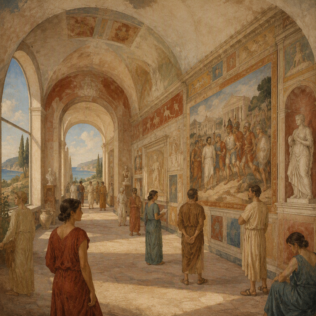 Valoisa museosali täynnä historiallisia maalauksia