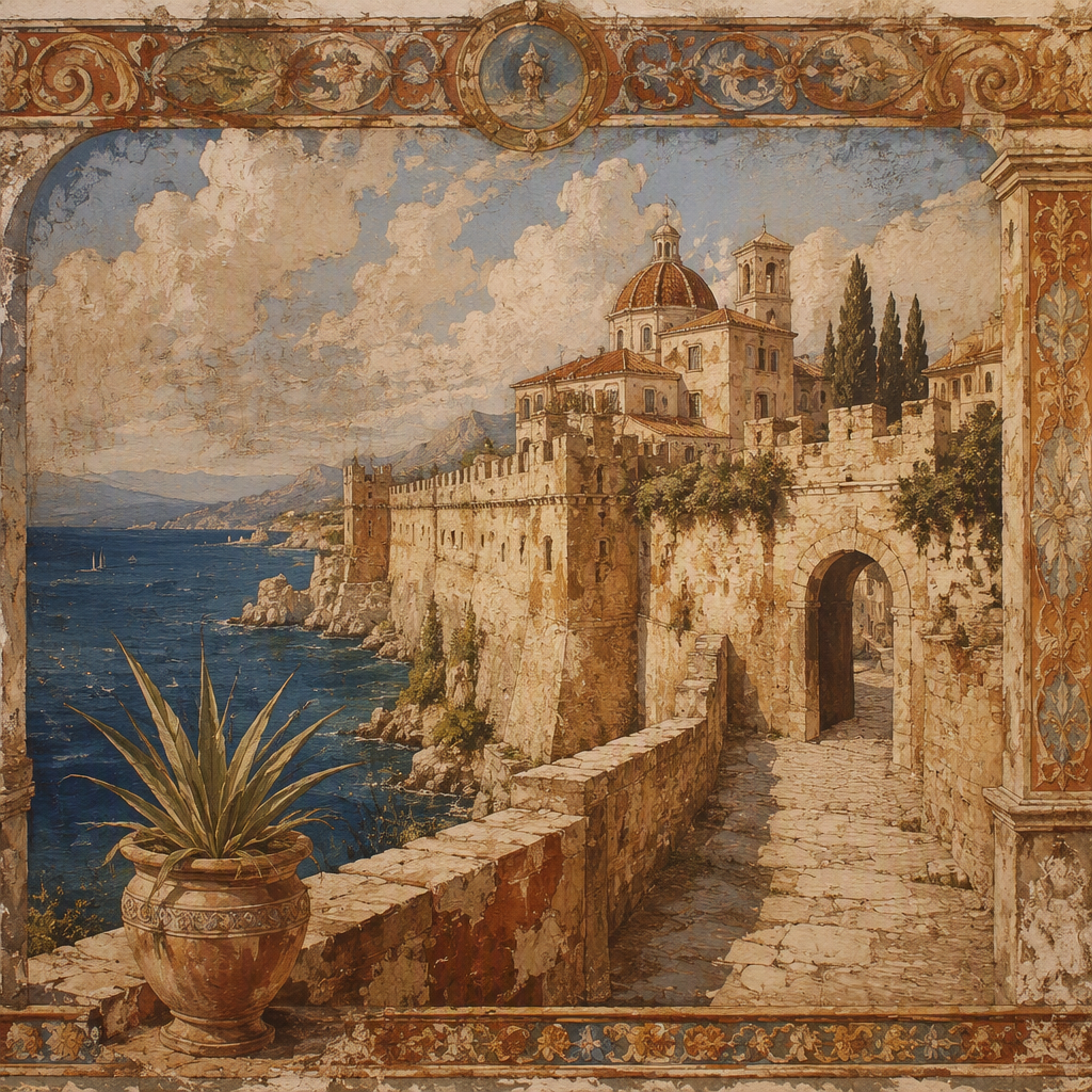 Castel dell'Ovon kiviset linnanmuurit Välimeren rannalla