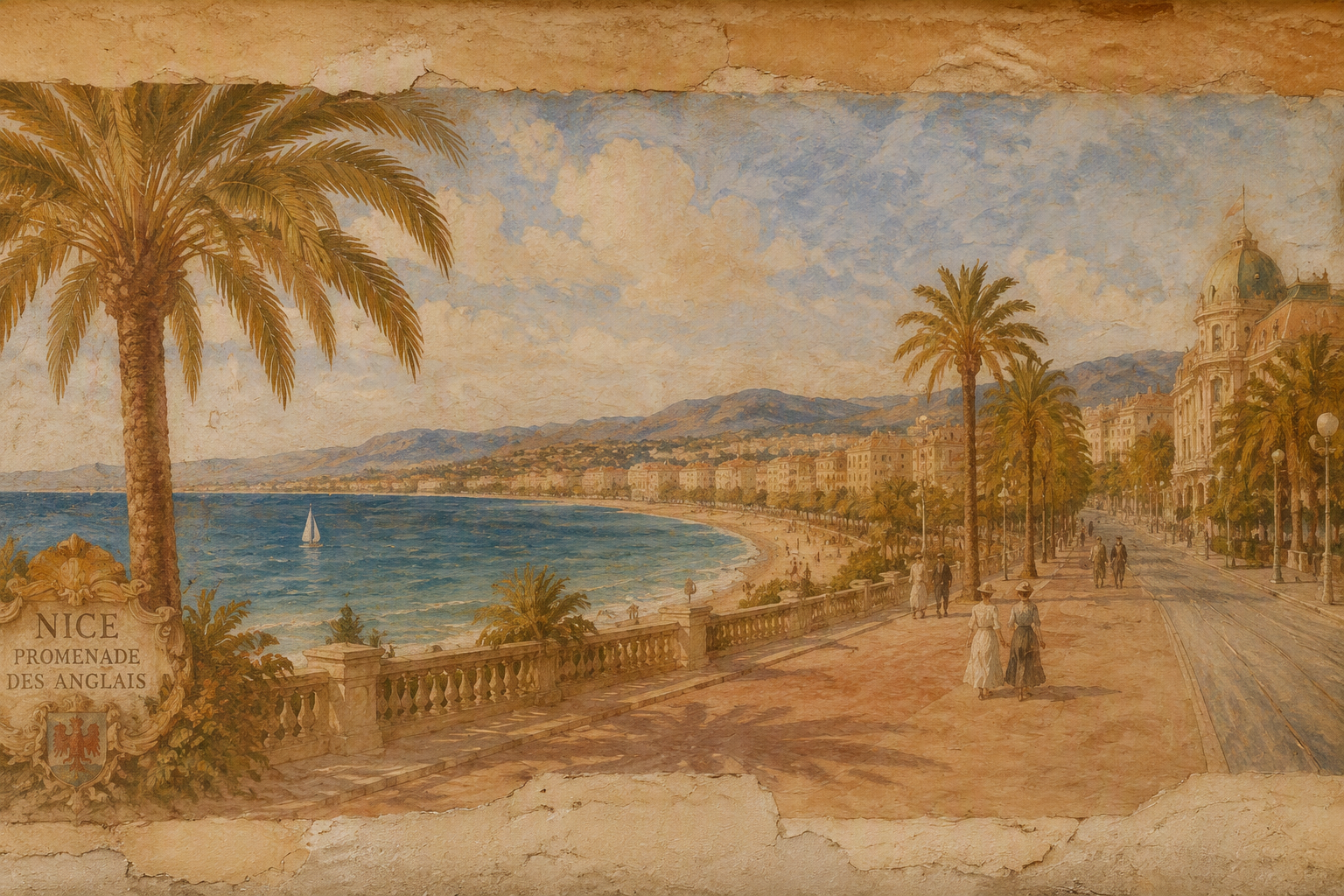 Promenade des Anglais ja Välimeri auringossa