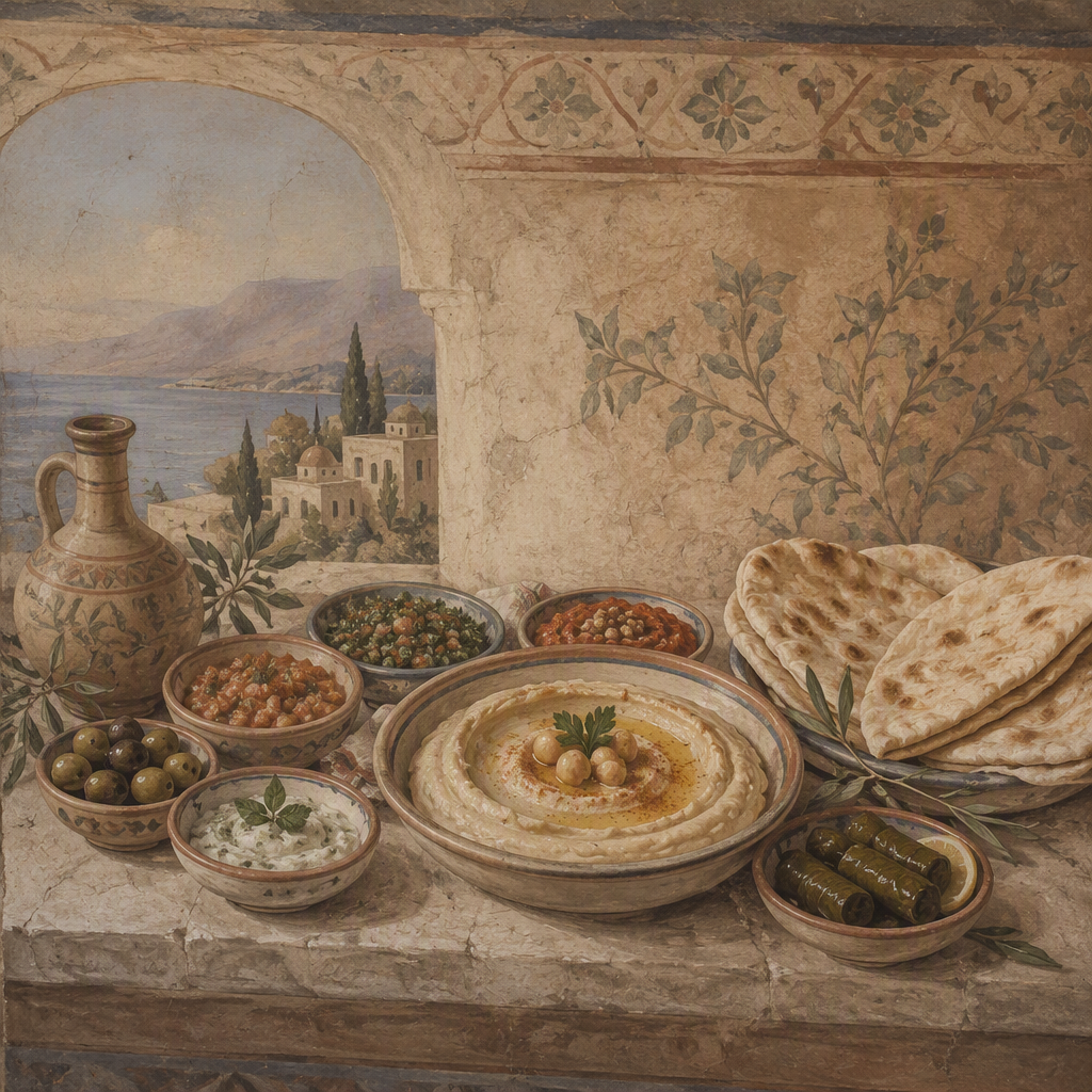 Perinteinen egyptiläinen mezze-tarjoilu hummuksella ja leivällä Perinteinen egyptiläinen mezze-tarjoilu hummuksella ja leivällä