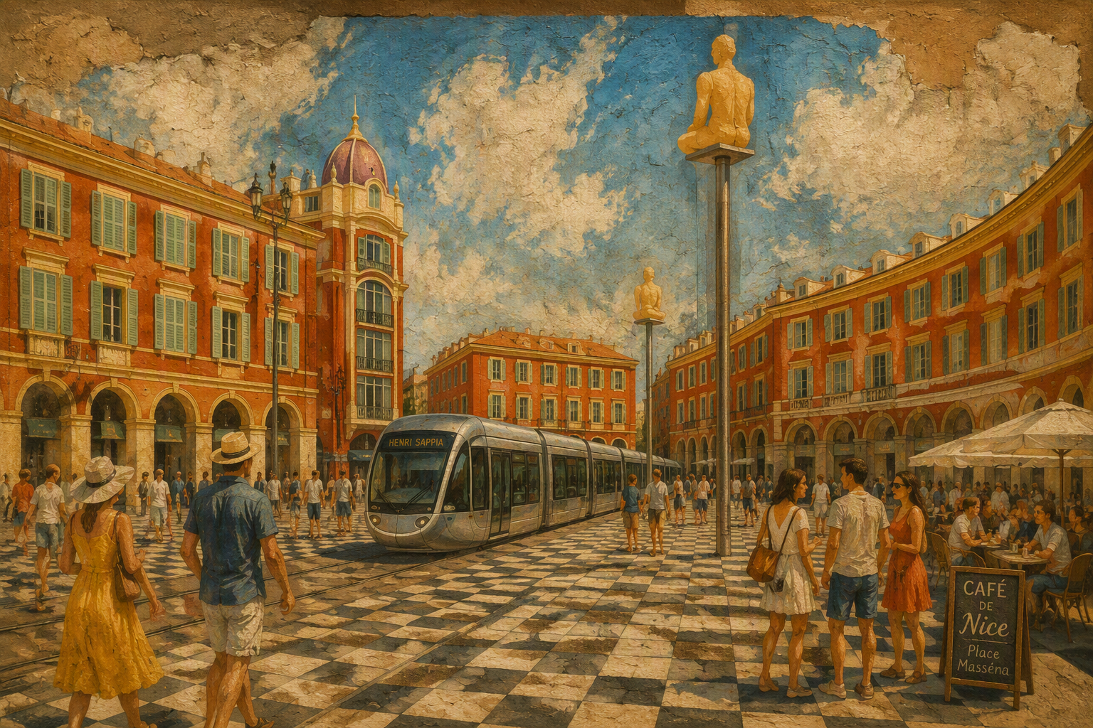 Place Massenan punatiiliset rakennukset ja shakkiruutuinen aukio