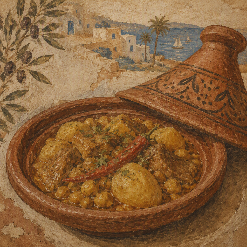 Perinteinen tunisialainen tagine-annos savipadassa Perinteinen tunisialainen tagine-annos savipadassa