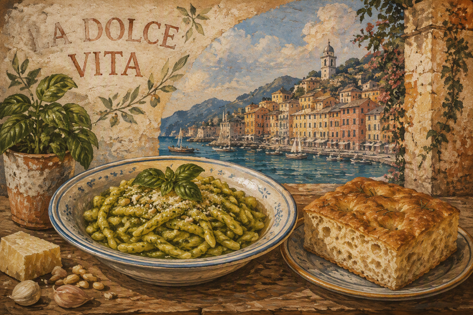 Perinteinen italialainen pesto-pasta ja focaccia-leipä Perinteinen italialainen pesto-pasta ja focaccia-leipä