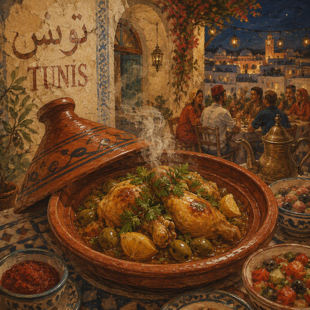 Höyryävä tajine-annos perinteisessä saviruukussa