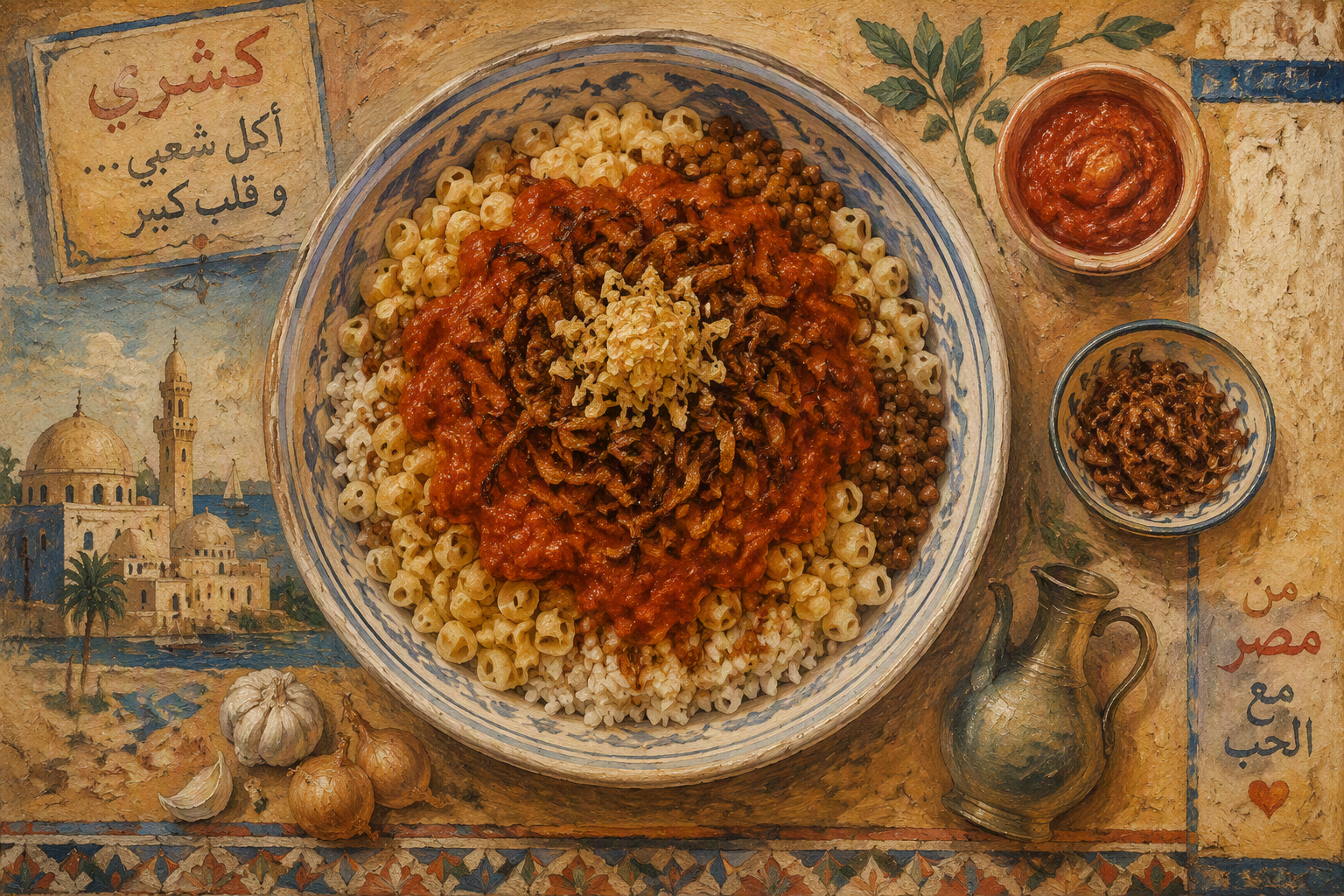 Perinteinen egyptiläinen koshari-annos lautasella Perinteinen egyptiläinen koshari-annos lautasella