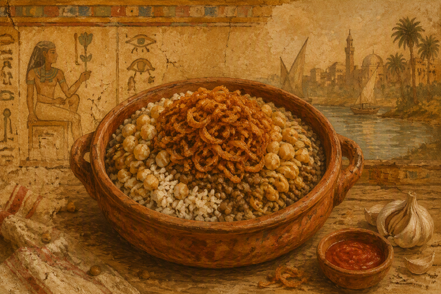 Perinteinen egyptiläinen koshary-annos Perinteinen egyptiläinen koshary-annos