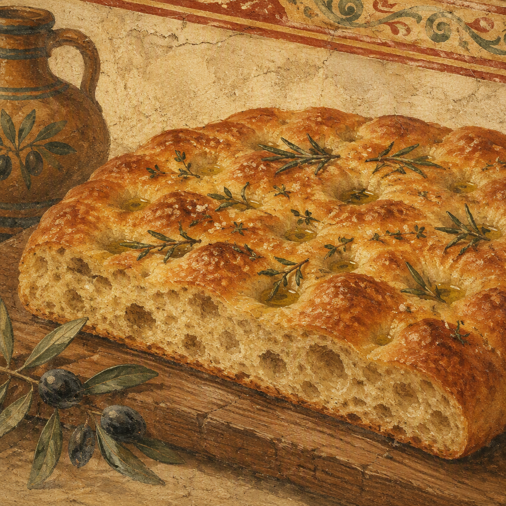 Tuoretta focaccia-leipää oliiviöljyllä ja yrteillä