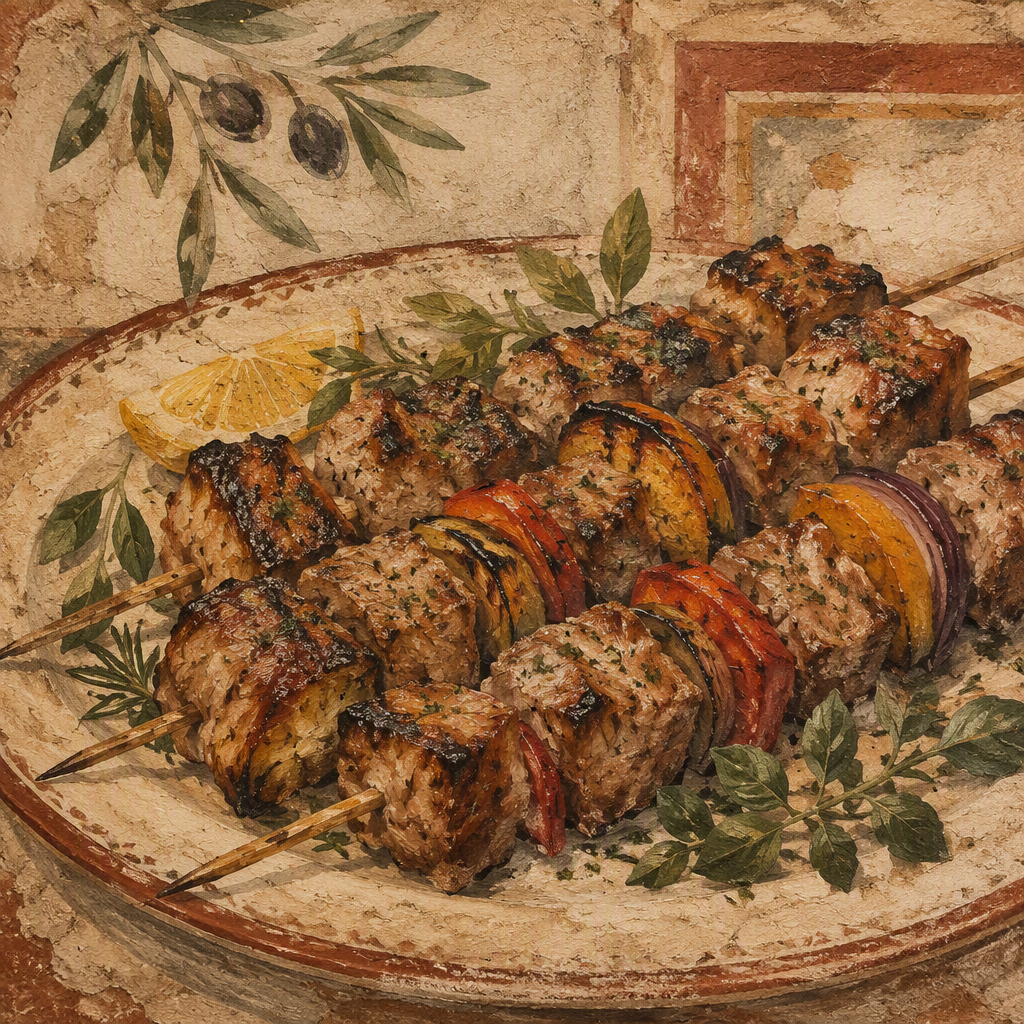 Grillattuja lihavartaita ja tuoreita kasviksia lautasella Grillattuja lihavartaita ja tuoreita kasviksia lautasella