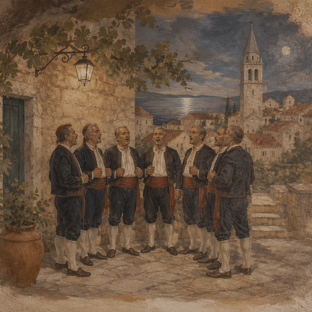 Dalmatialainen klapa-lauluryhmä esiintymässä perinteisessä kivipihassa Dalmatialainen klapa-lauluryhmä esiintymässä perinteisessä kivipihassa