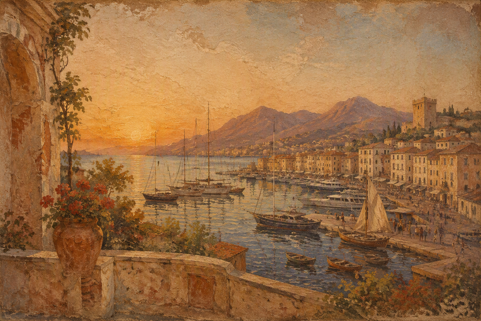 Gibraltarin satama ja merinäköala auringonlaskun aikaan Gibraltarin satama ja merinäköala auringonlaskun aikaan