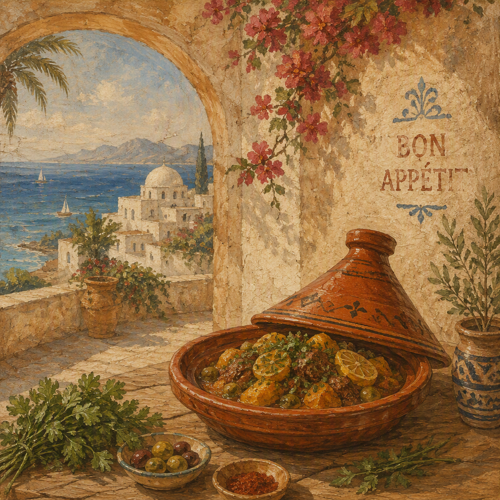 Perinteinen tagine-ruoka tarjoiltuna saviastiasta