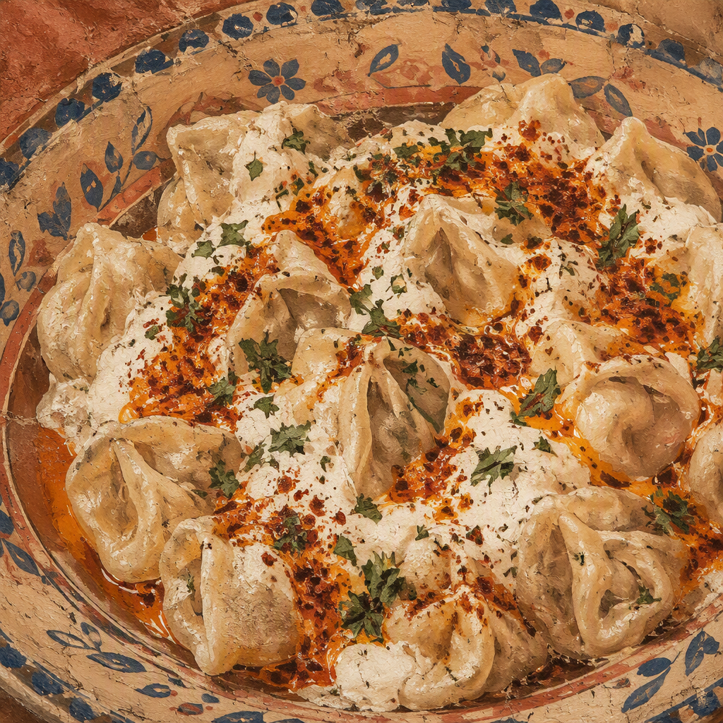 Manti-nyyttejä jogurttikastikkeella ja yrteillä