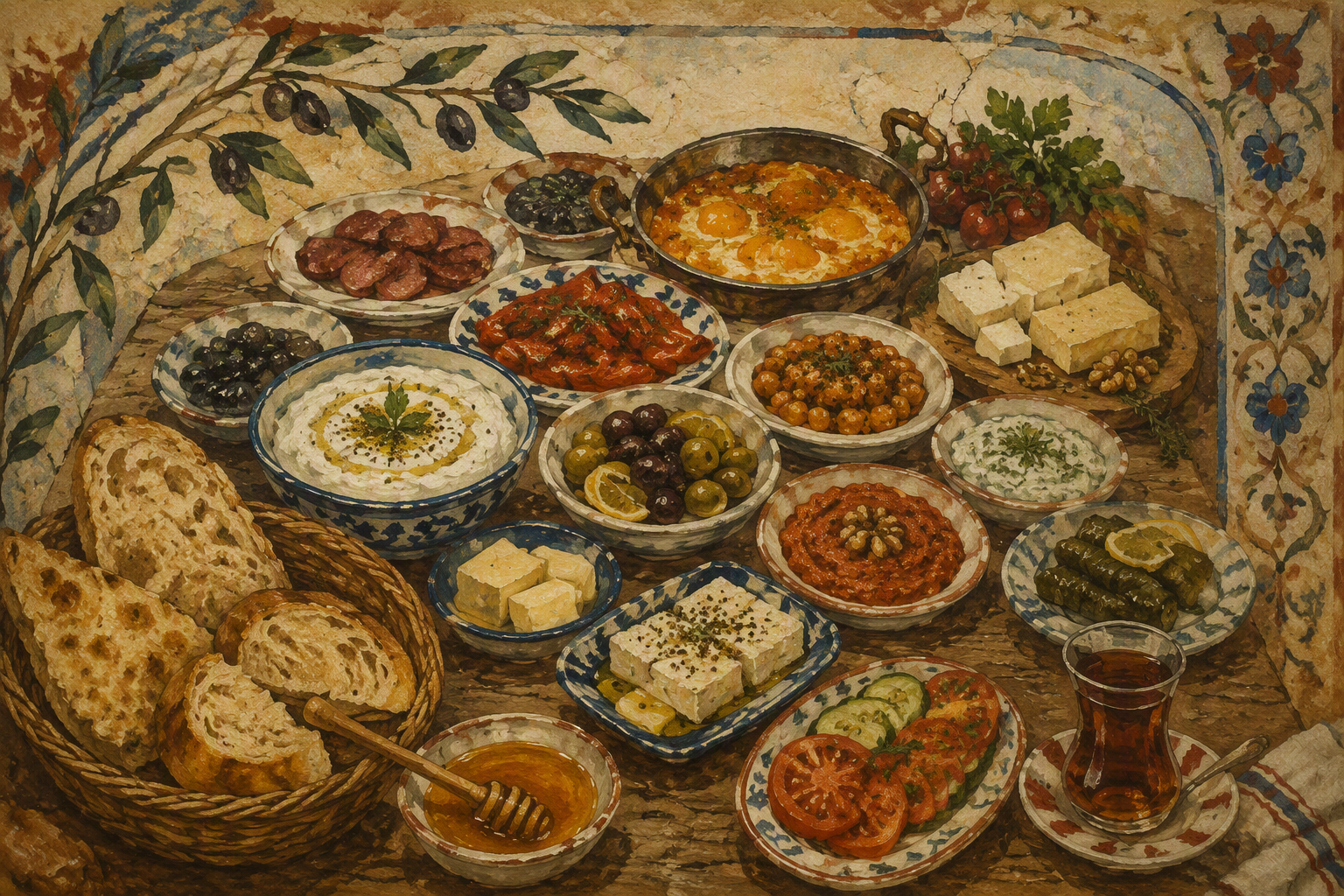 Turkkilaisia meze-ruokia ja aamiaisherkkuja puisella pöydällä