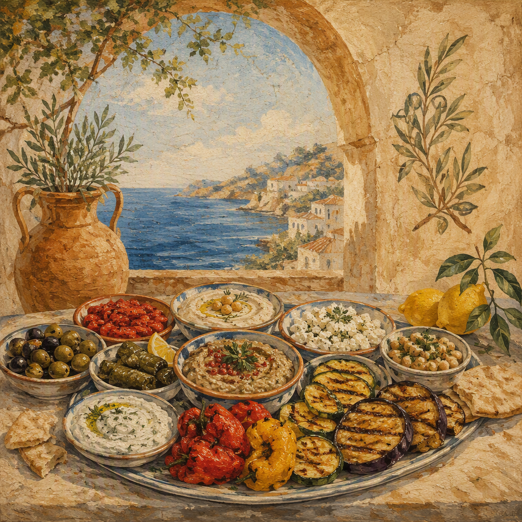 Värikkäitä turkkilaisia meze-alkupaloja lautasella